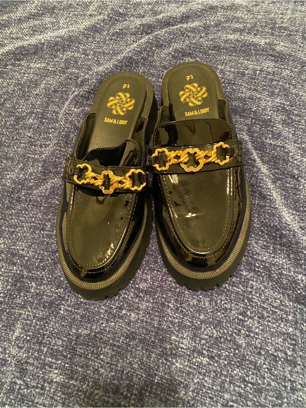 Sam & Libby Black Patent Slip-On Loafers with Gold Chain Accent, Women Size 7.5